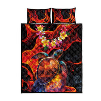 Hawaiian Turtle with Volcanic Eruption Quilt Bed Set Hibiscus Lei and Lava Flow an Abstract Texture