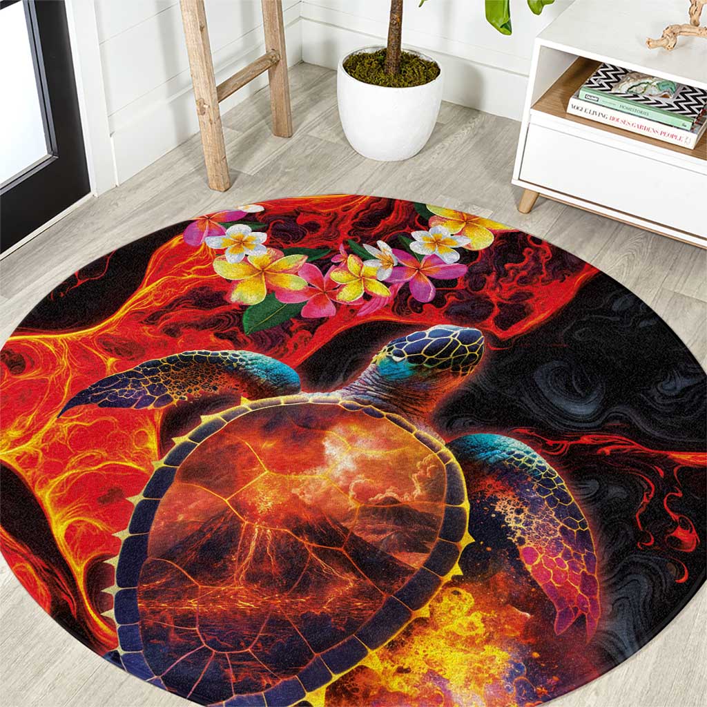 Hawaiian Turtle with Volcanic Eruption Round Carpet Hibiscus Lei and Lava Flow an Abstract Texture