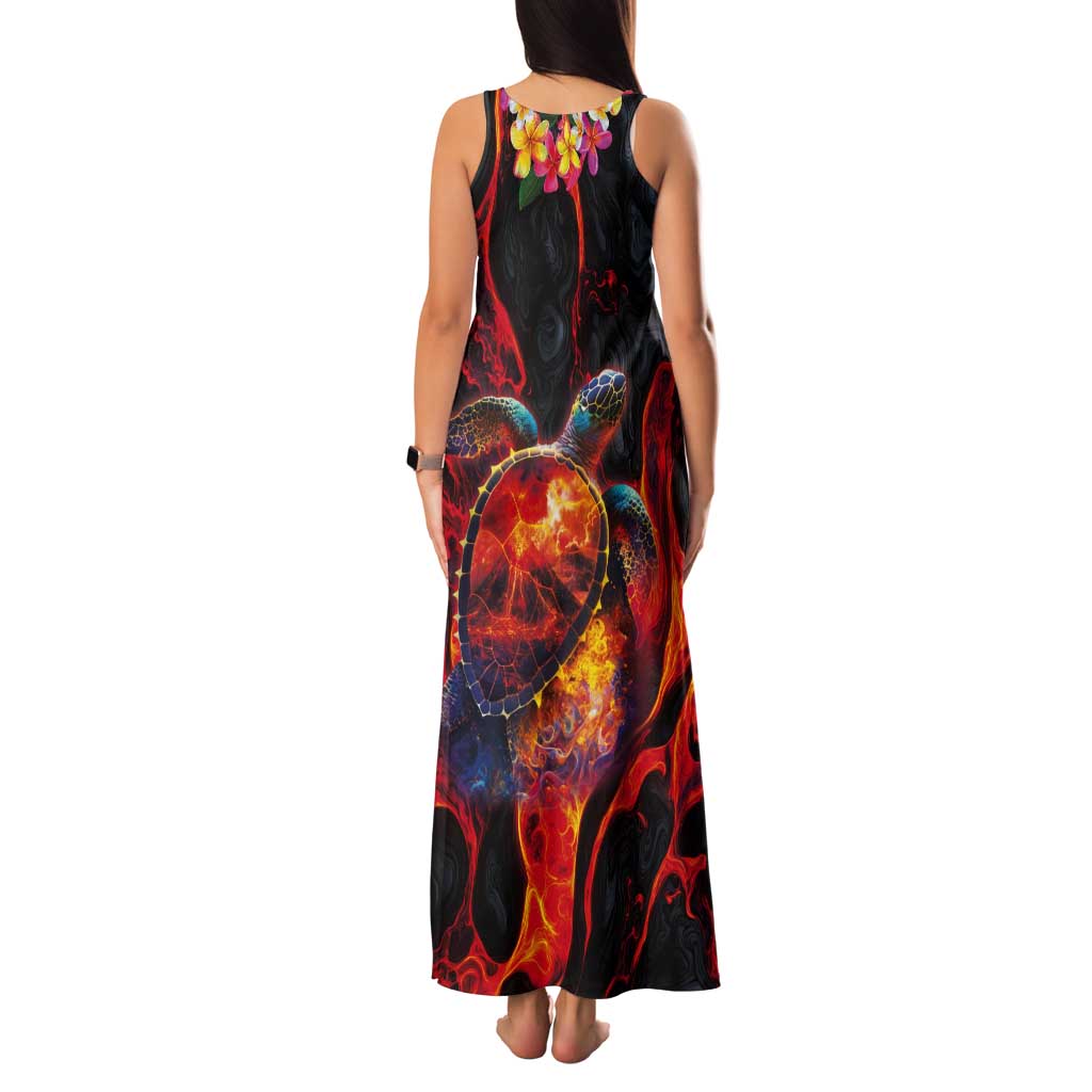 Hawaiian Turtle with Volcanic Eruption Tank Maxi Dress Hibiscus Lei and Lava Flow an Abstract Texture