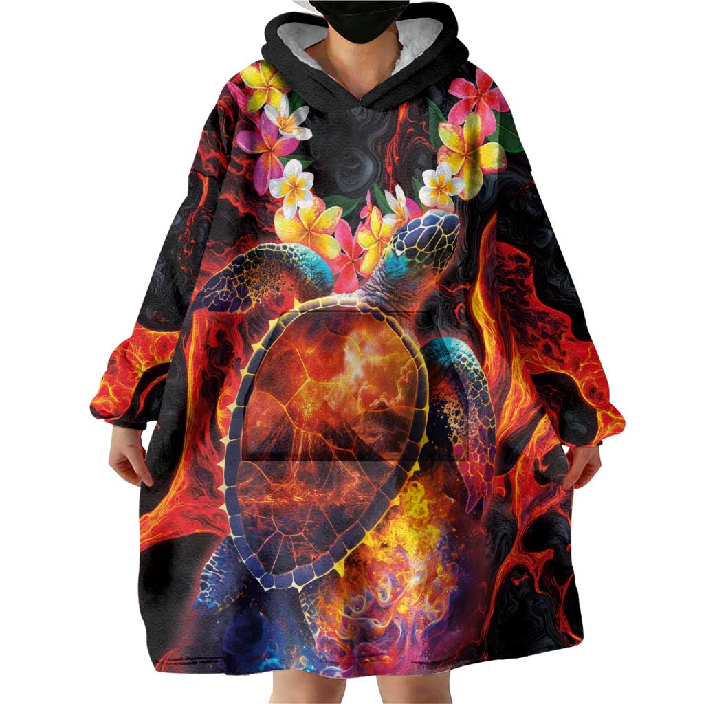 Hawaiian Turtle with Volcanic Eruption Wearable Blanket Hoodie Hibiscus Lei and Lava Flow an Abstract Texture