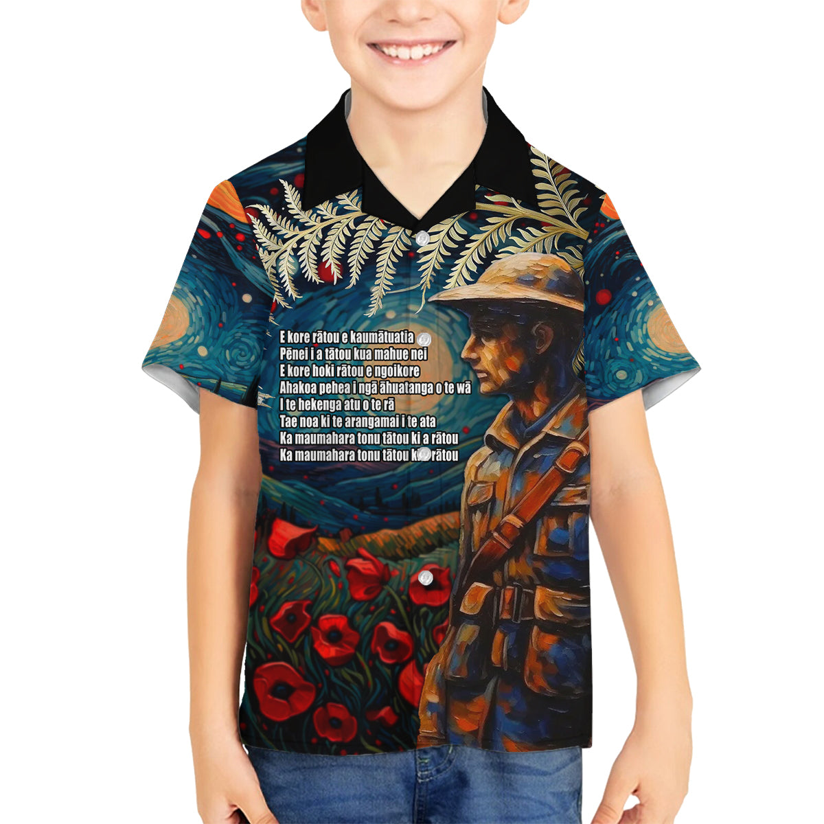New Zealand Soldier ANZAC Day Family Matching Tank Maxi Dress and Hawaiian Shirt Silver Fern Starry Night Style LT03 Son's Shirt Blue - Polynesian Pride