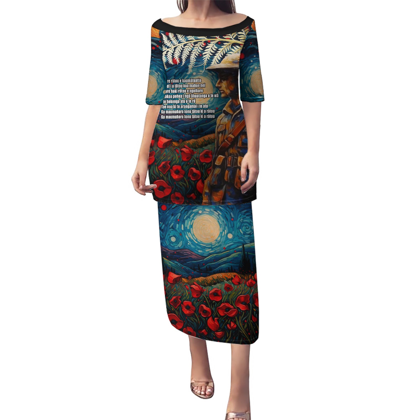 New Zealand Soldier ANZAC Day Puletasi Silver Fern Starry Night Style LT03 Long Dress Blue - Polynesian Pride