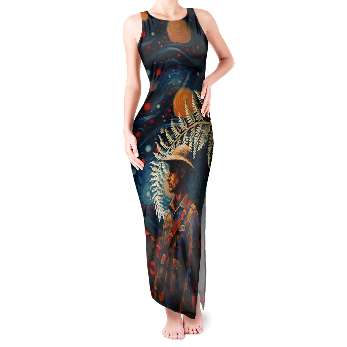 New Zealand Soldier ANZAC Day Tank Maxi Dress Silver Fern Starry Night Style LT03 Women Blue - Polynesian Pride