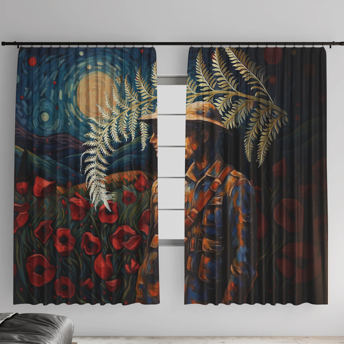 New Zealand Soldier ANZAC Day Window Curtain Silver Fern Starry Night Style LT03 With Hooks Blue - Polynesian Pride