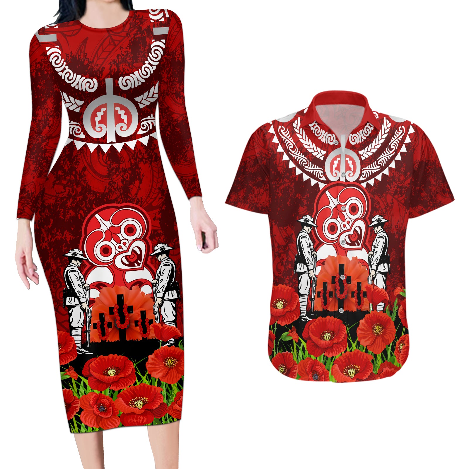 New Zealand ANZAC Waitangi Day Couples Matching Long Sleeve Bodycon Dress and Hawaiian Shirt Hei Tiki and Soldier LT03 Red - Polynesian Pride