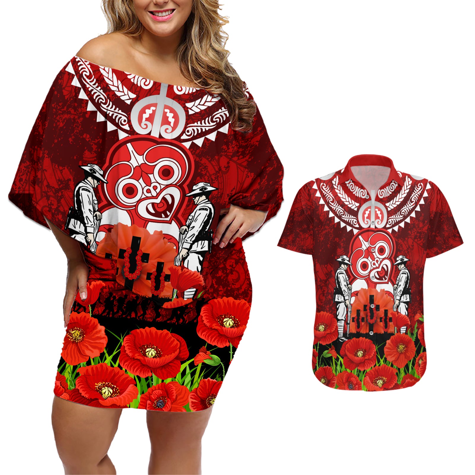 New Zealand ANZAC Waitangi Day Couples Matching Off Shoulder Short Dress and Hawaiian Shirt Hei Tiki and Soldier LT03 Red - Polynesian Pride