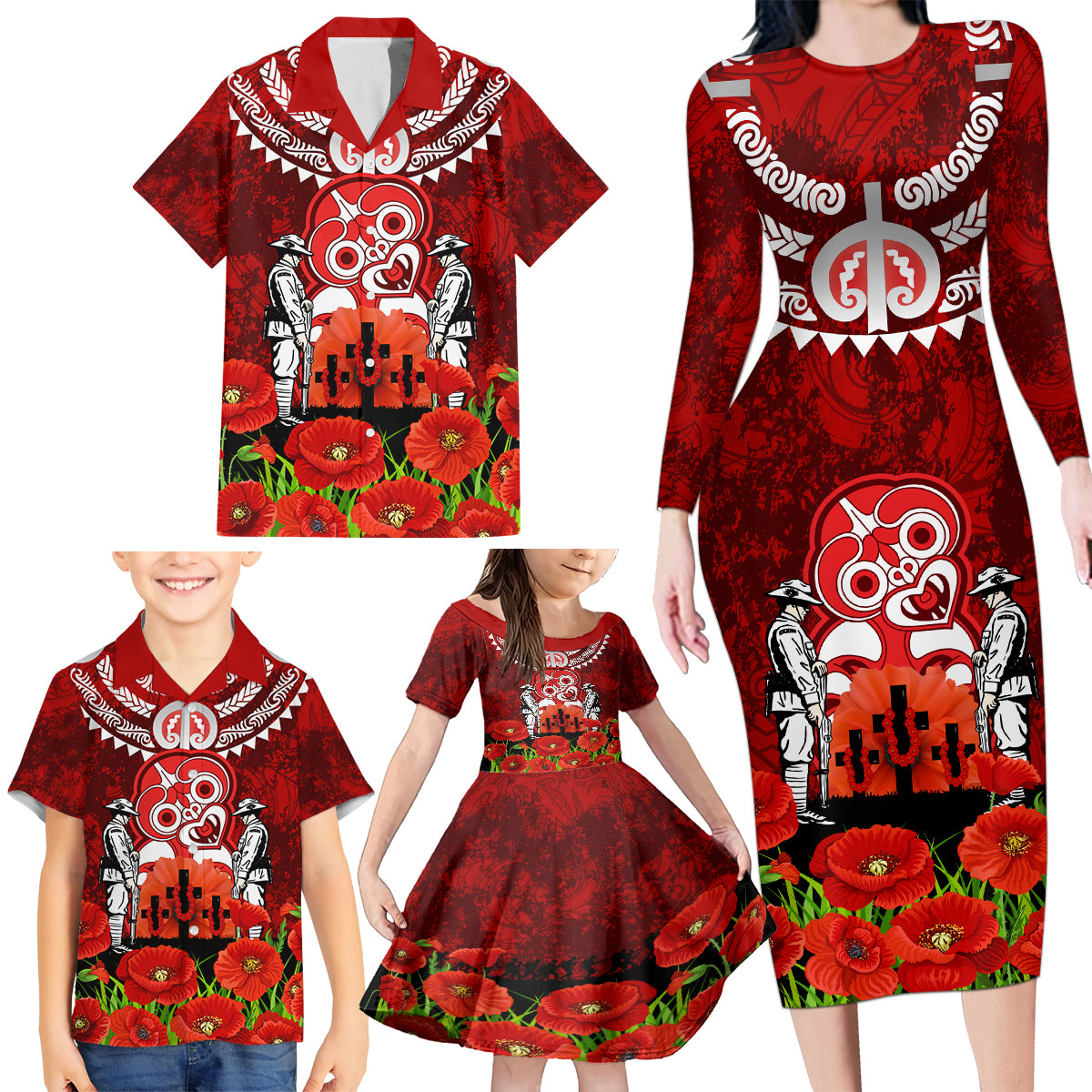 New Zealand ANZAC Waitangi Day Family Matching Long Sleeve Bodycon Dress and Hawaiian Shirt Hei Tiki and Soldier LT03 - Polynesian Pride