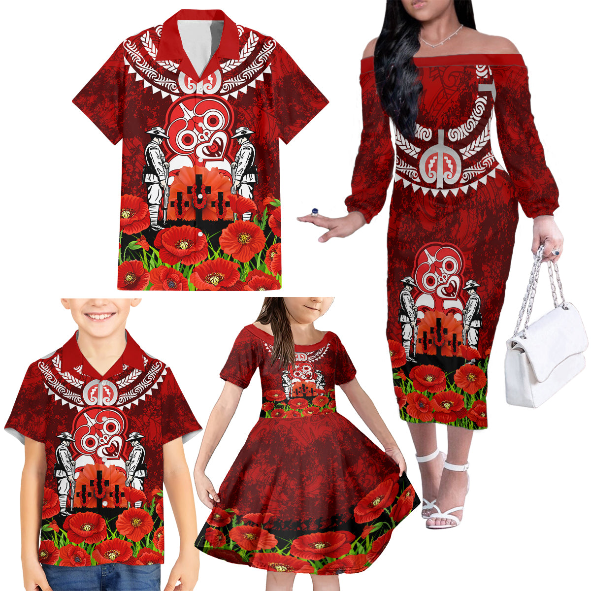 New Zealand ANZAC Waitangi Day Family Matching Off Shoulder Long Sleeve Dress and Hawaiian Shirt Hei Tiki and Soldier LT03 - Polynesian Pride