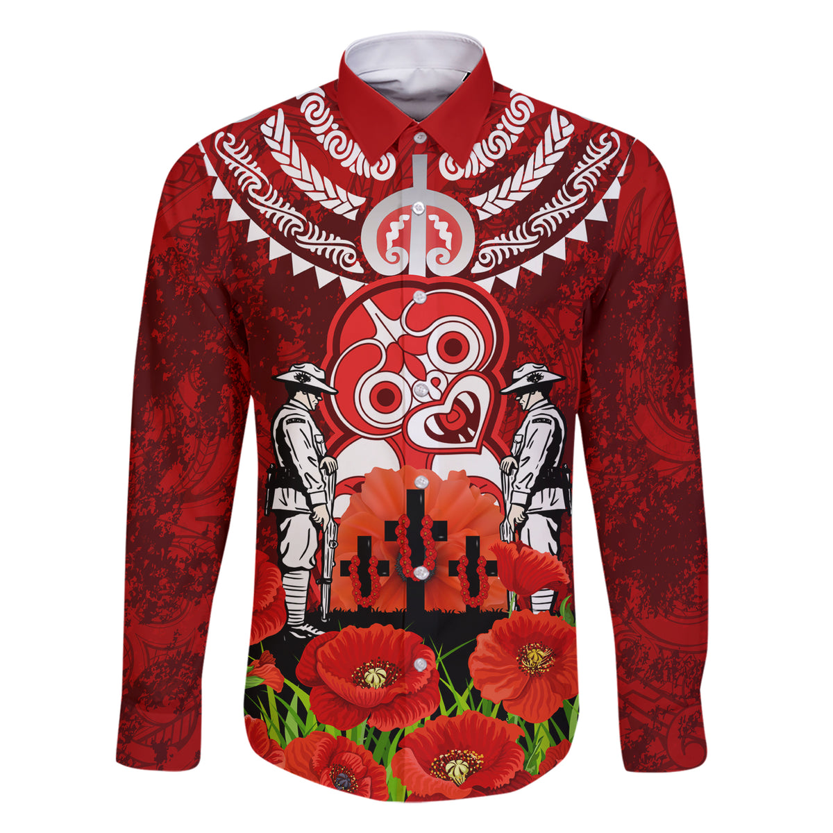 New Zealand ANZAC Waitangi Day Family Matching Short Sleeve Bodycon Dress and Hawaiian Shirt Hei Tiki and Soldier LT03 Dad's Shirt - Long Sleeve Red - Polynesian Pride