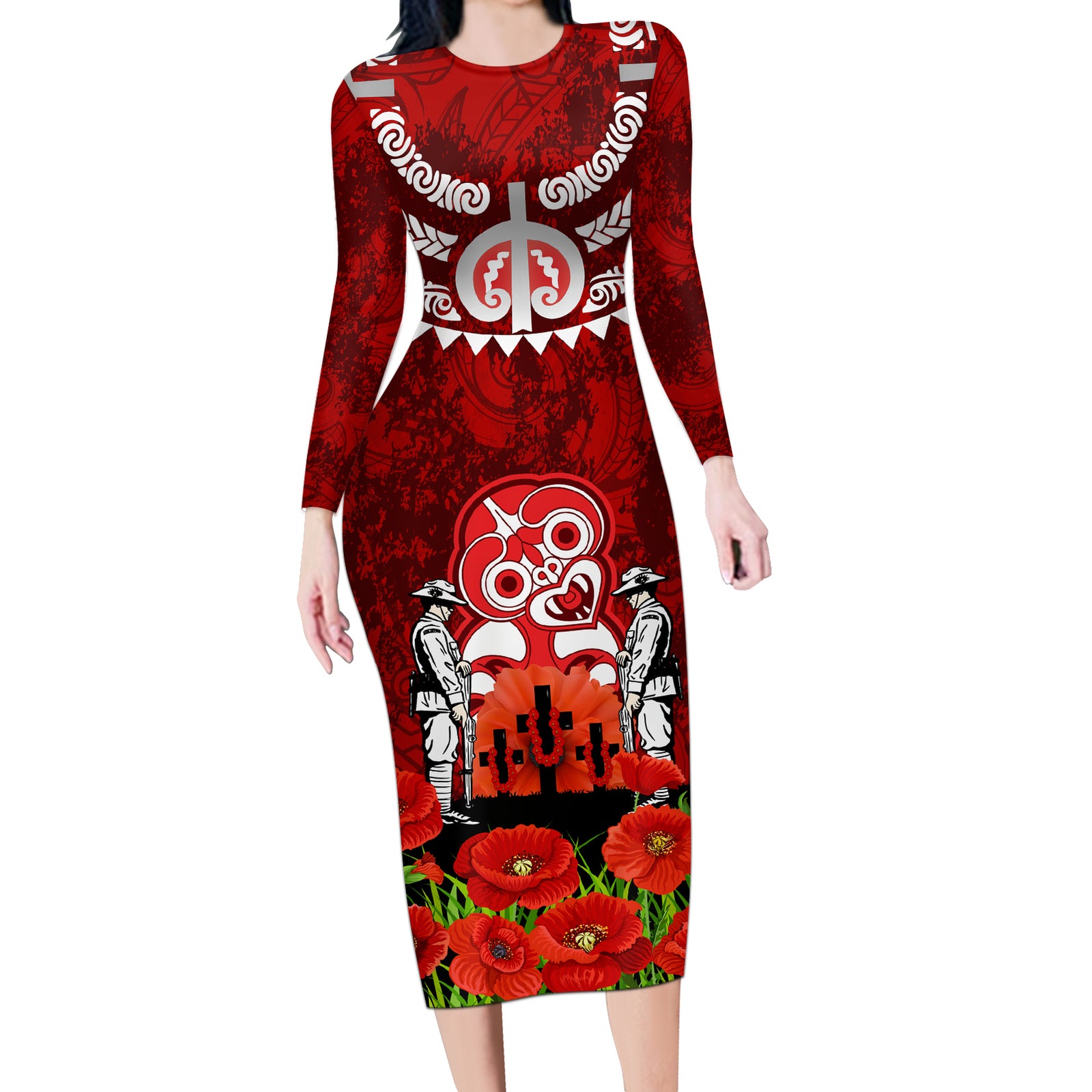 New Zealand ANZAC Waitangi Day Long Sleeve Bodycon Dress Hei Tiki and Soldier LT03 Long Dress Red - Polynesian Pride