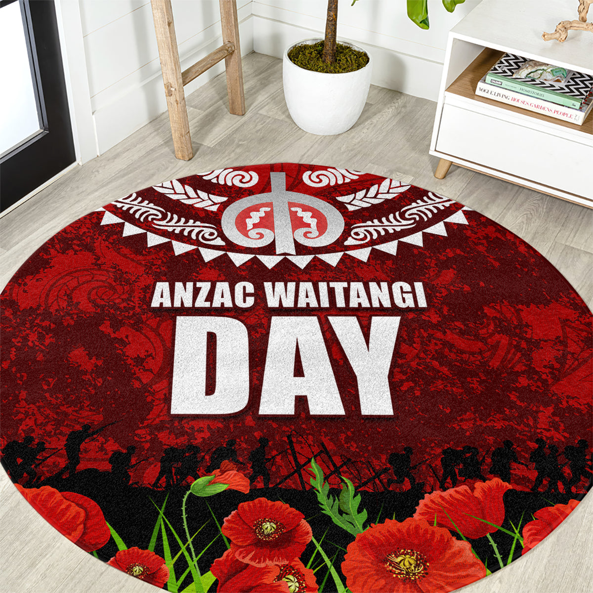 New Zealand ANZAC Waitangi Day Round Carpet Hei Tiki and Soldier LT03 Red - Polynesian Pride