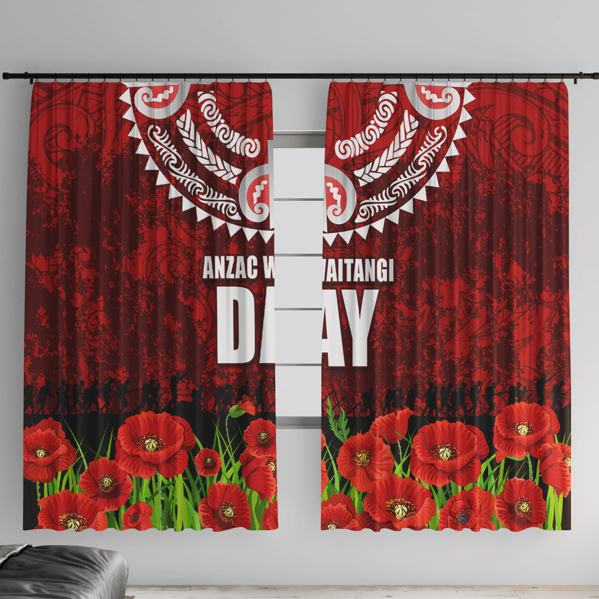 New Zealand ANZAC Waitangi Day Window Curtain Hei Tiki and Soldier LT03 With Hooks Red - Polynesian Pride