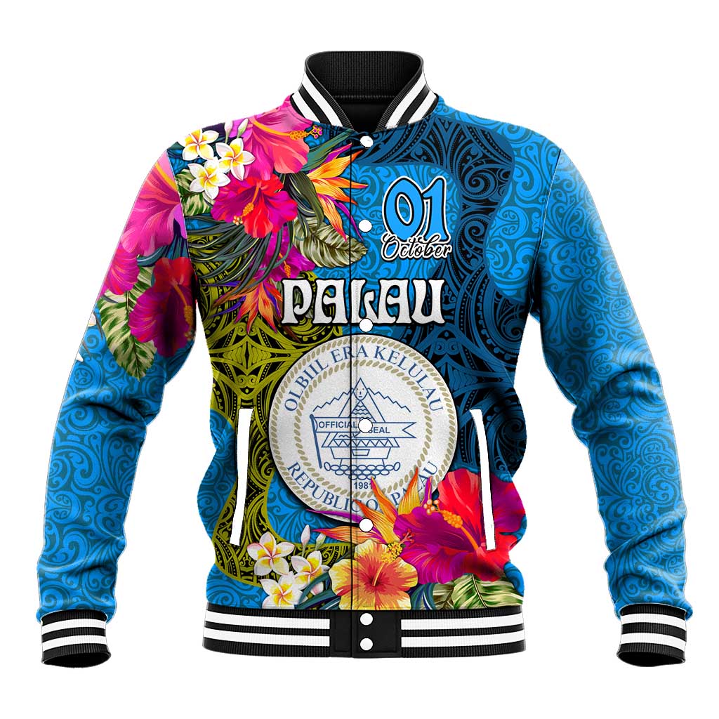 Palau Independence Day Baseball Jacket 1st October 30th Anniversary Polynesian Jungle Flower