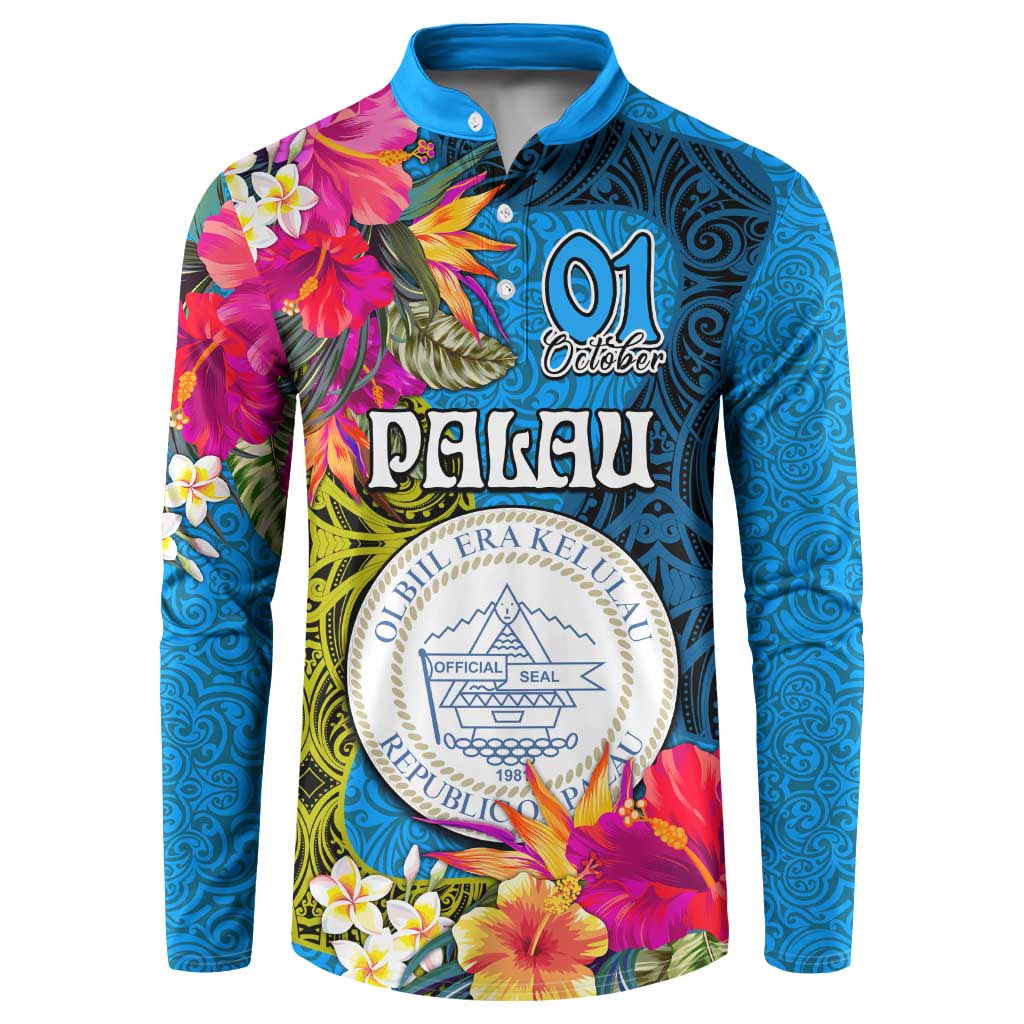 Palau Independence Day Button Sweatshirt 1st October 30th Anniversary Polynesian Jungle Flower