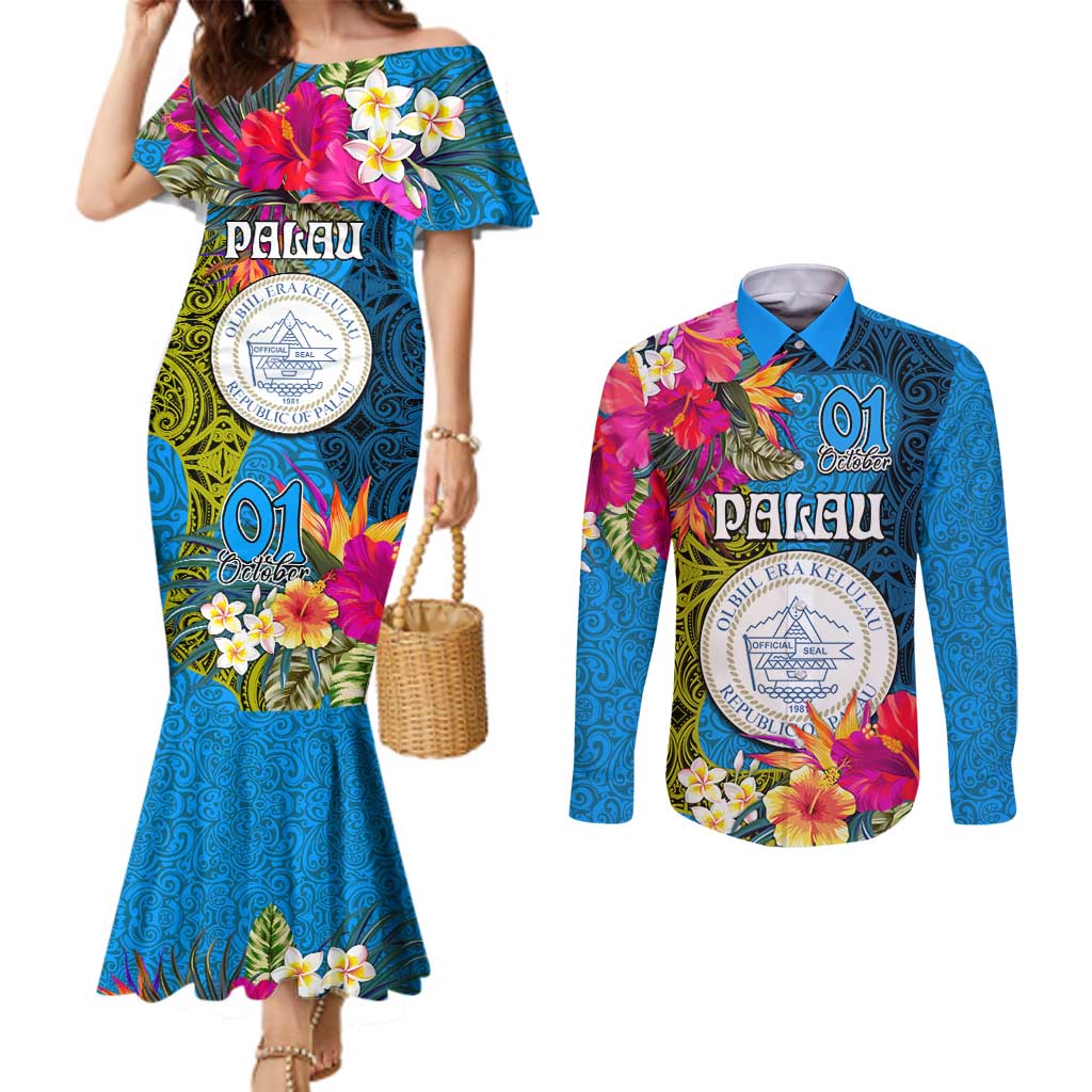 Palau Independence Day Couples Matching Mermaid Dress and Long Sleeve Button Shirt 1st October 30th Anniversary Polynesian Jungle Flower