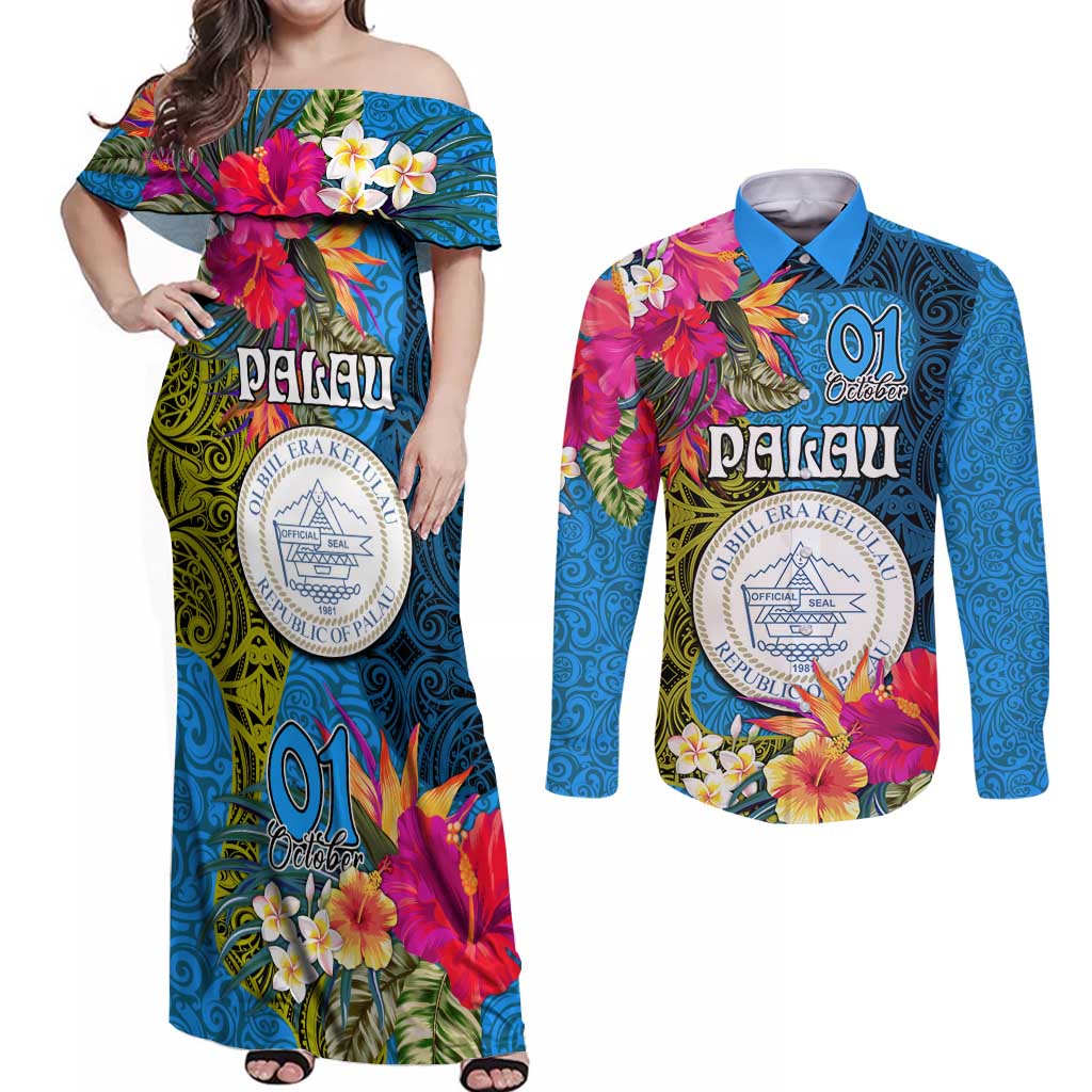 Palau Independence Day Couples Matching Off Shoulder Maxi Dress and Long Sleeve Button Shirt 1st October 30th Anniversary Polynesian Jungle Flower