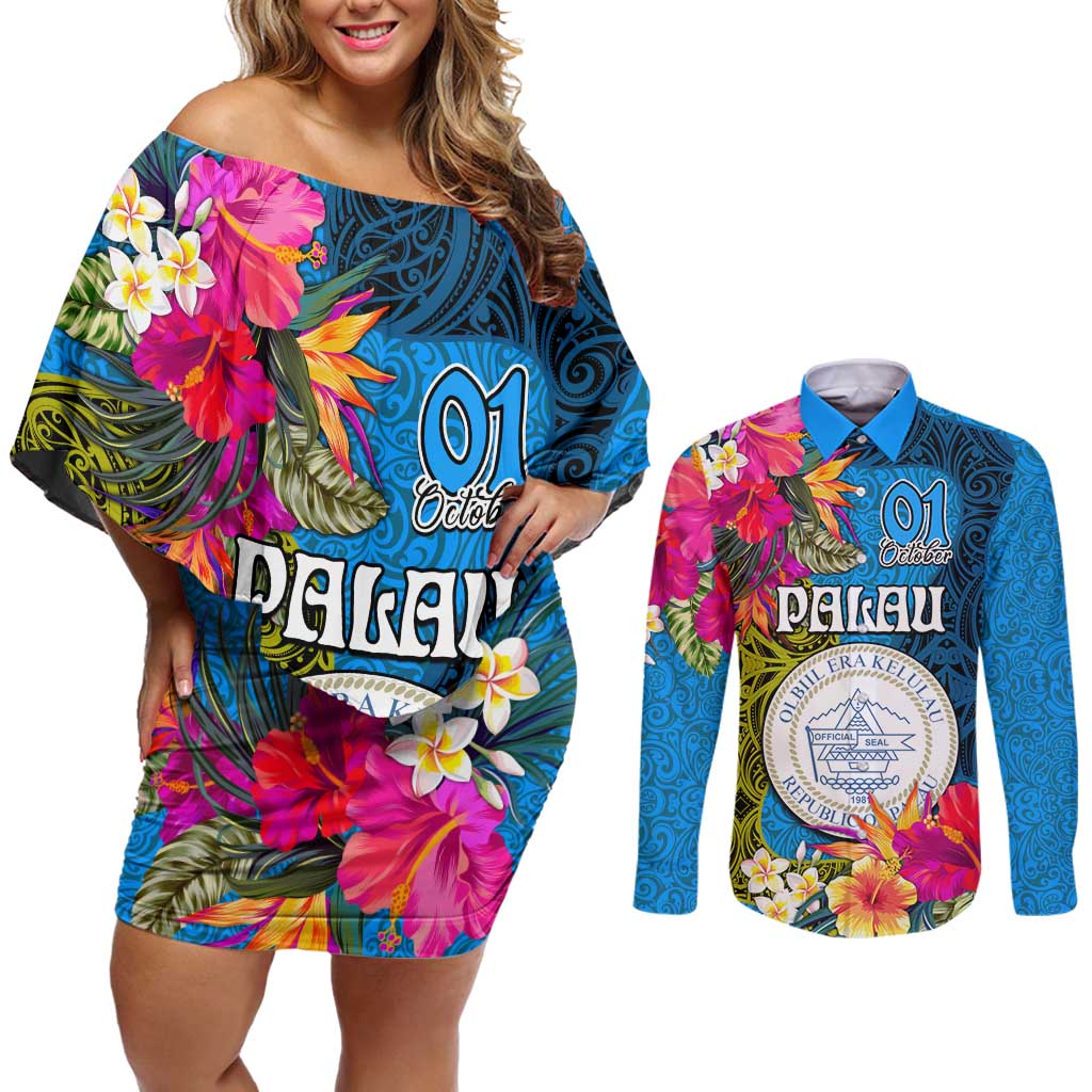 Palau Independence Day Couples Matching Off Shoulder Short Dress and Long Sleeve Button Shirt 1st October 30th Anniversary Polynesian Jungle Flower