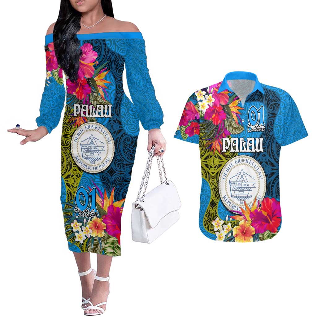 Palau Independence Day Couples Matching Off The Shoulder Long Sleeve Dress and Hawaiian Shirt 1st October 30th Anniversary Polynesian Jungle Flower