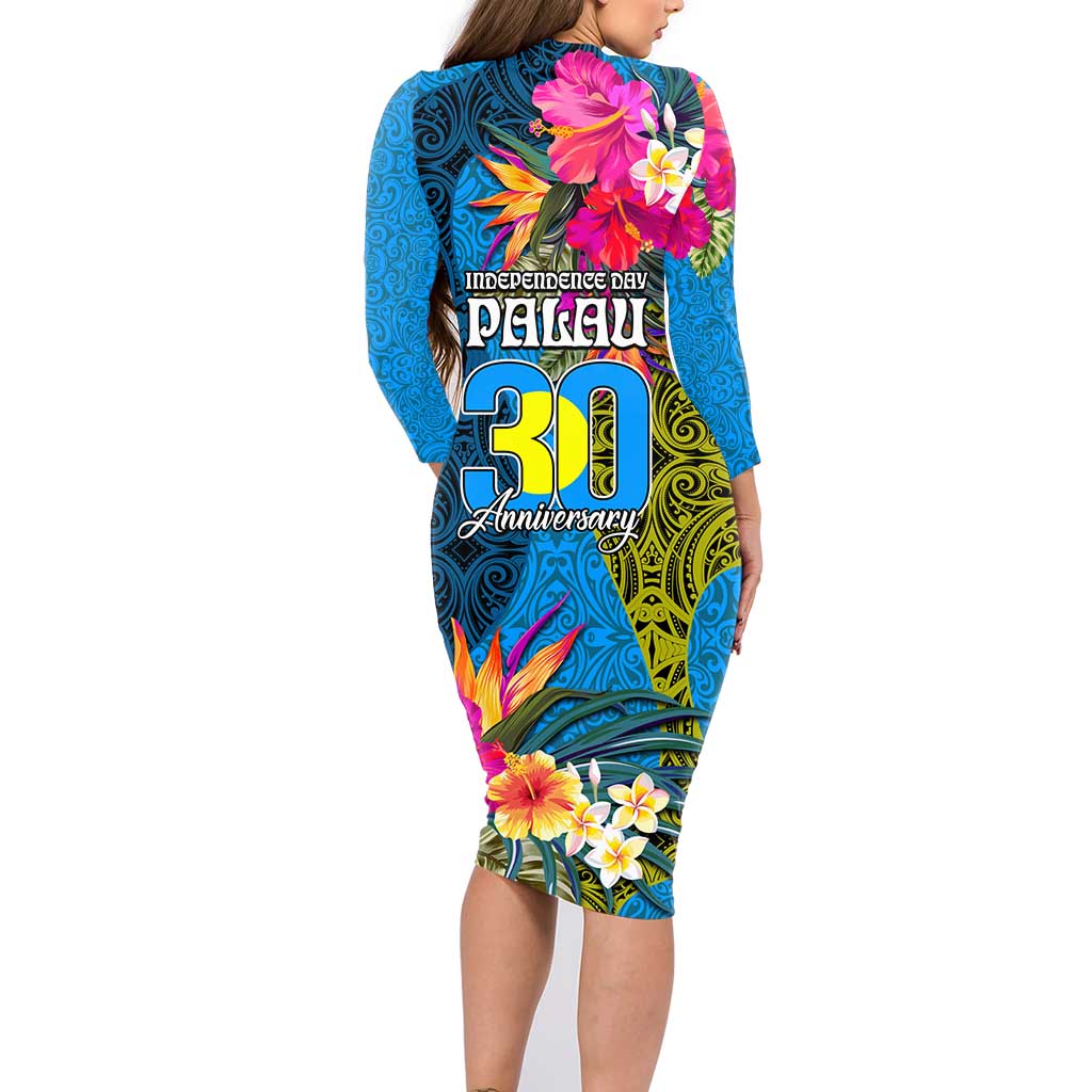 Palau Independence Day Family Matching Long Sleeve Bodycon Dress and Hawaiian Shirt 1st October 30th Anniversary Polynesian Jungle Flower