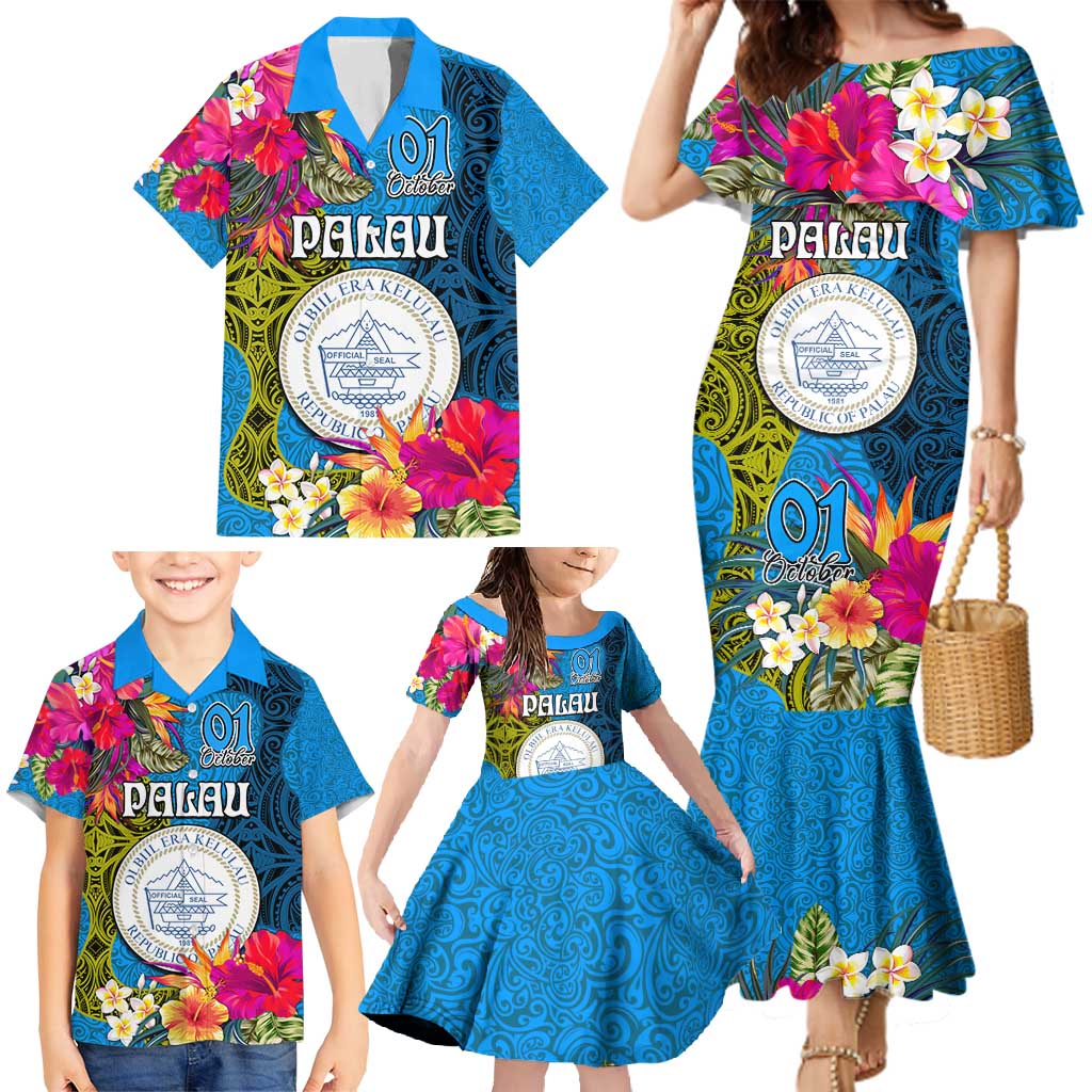 Palau Independence Day Family Matching Mermaid Dress and Hawaiian Shirt 1st October 30th Anniversary Polynesian Jungle Flower