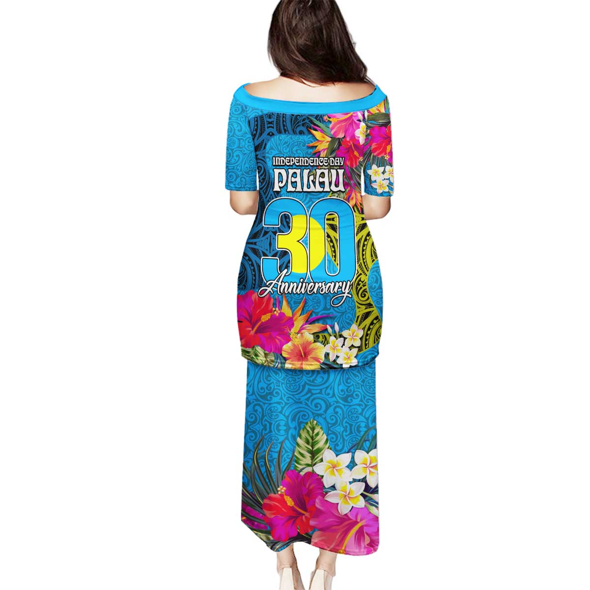 Palau Independence Day Family Matching Puletasi and Hawaiian Shirt 1st October 30th Anniversary Polynesian Jungle Flower