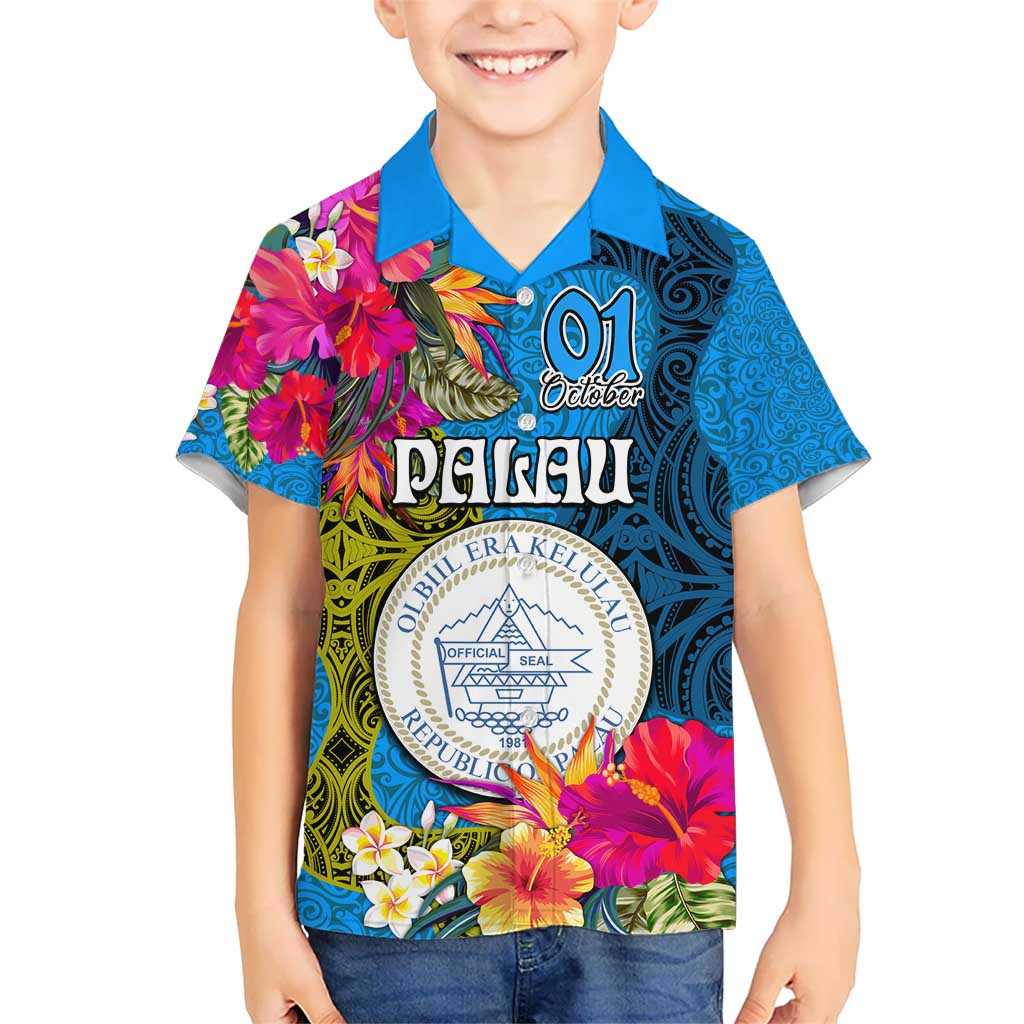 Palau Independence Day Kid Hawaiian Shirt 1st October 30th Anniversary Polynesian Jungle Flower