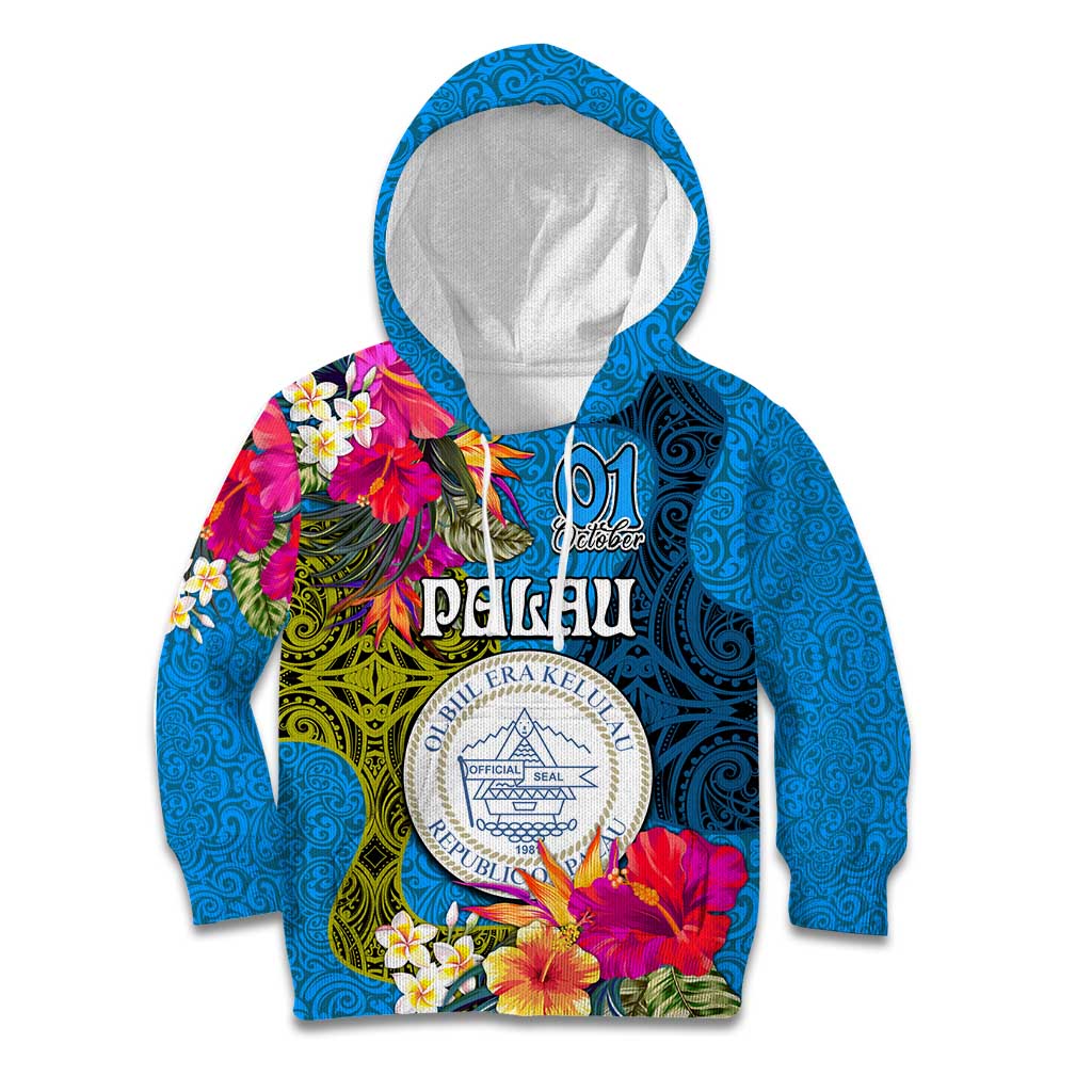 Palau Independence Day Kid Hoodie 1st October 30th Anniversary Polynesian Jungle Flower