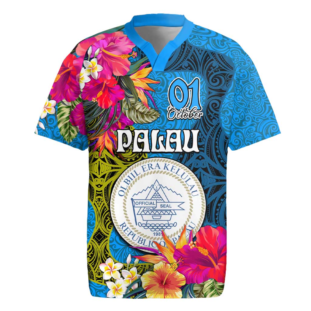 Palau Independence Day Rugby Jersey 1st October 30th Anniversary Polynesian Jungle Flower