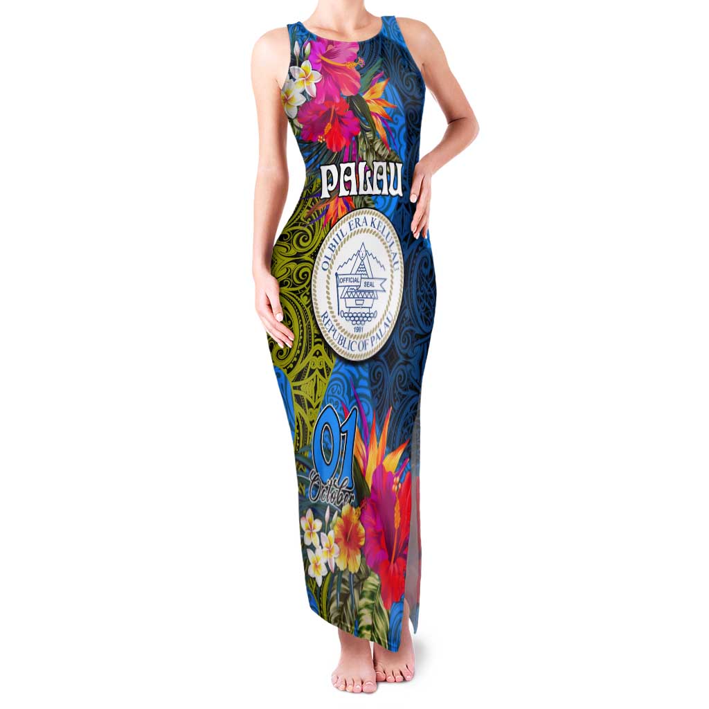 Palau Independence Day Tank Maxi Dress 1st October 30th Anniversary Polynesian Jungle Flower