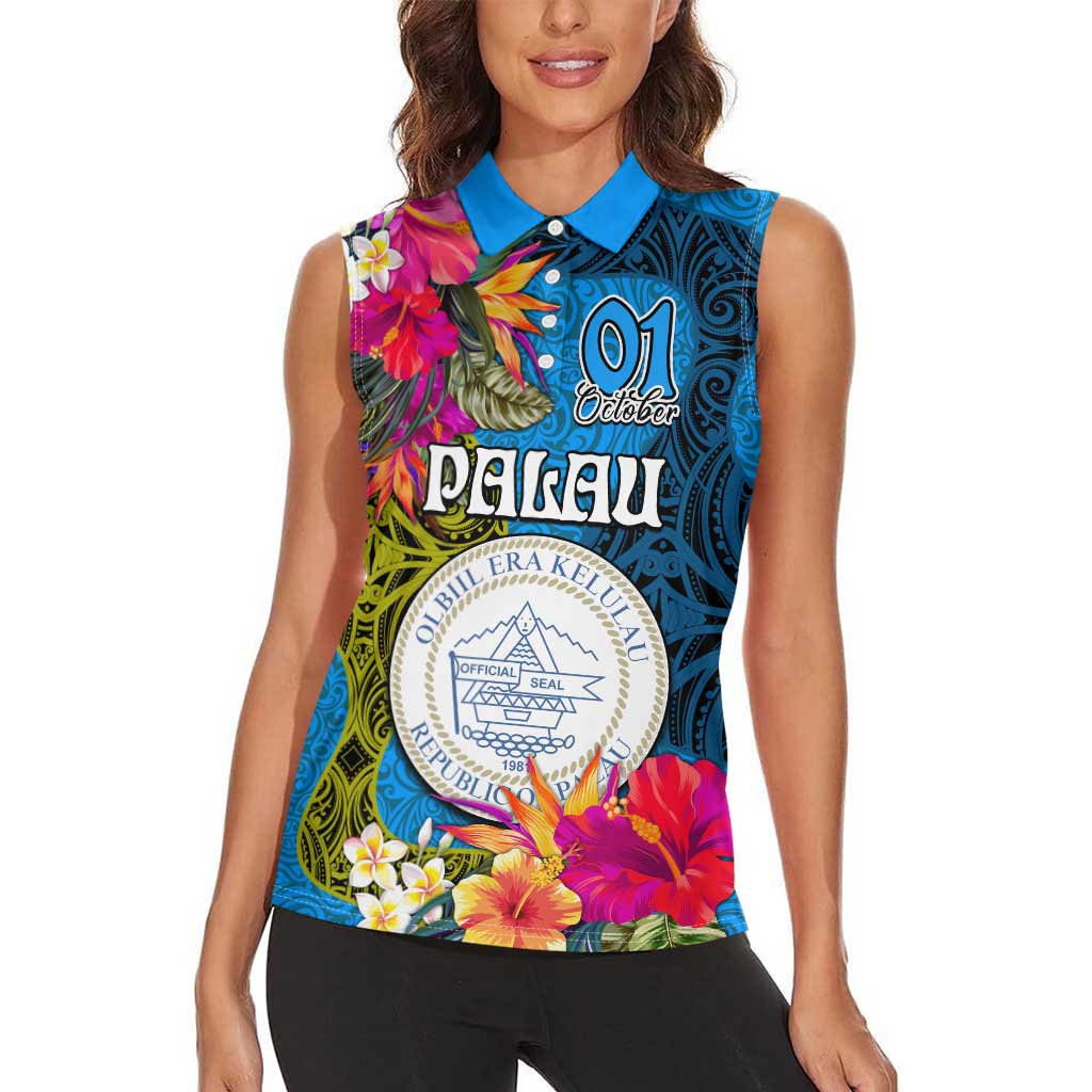 Palau Independence Day Women Sleeveless Polo Shirt 1st October 30th Anniversary Polynesian Jungle Flower