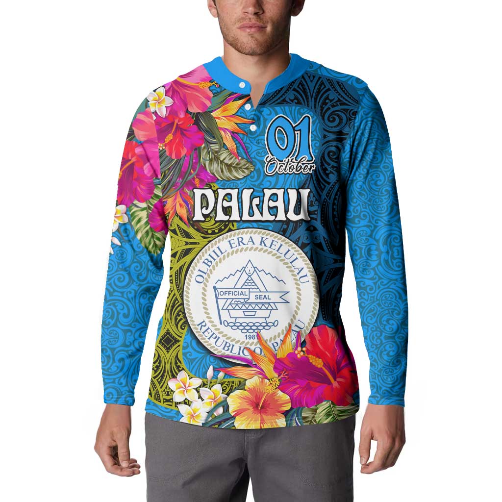 Personalised Palau Independence Day Button Sweatshirt 1st October 30th Anniversary Polynesian Jungle Flower