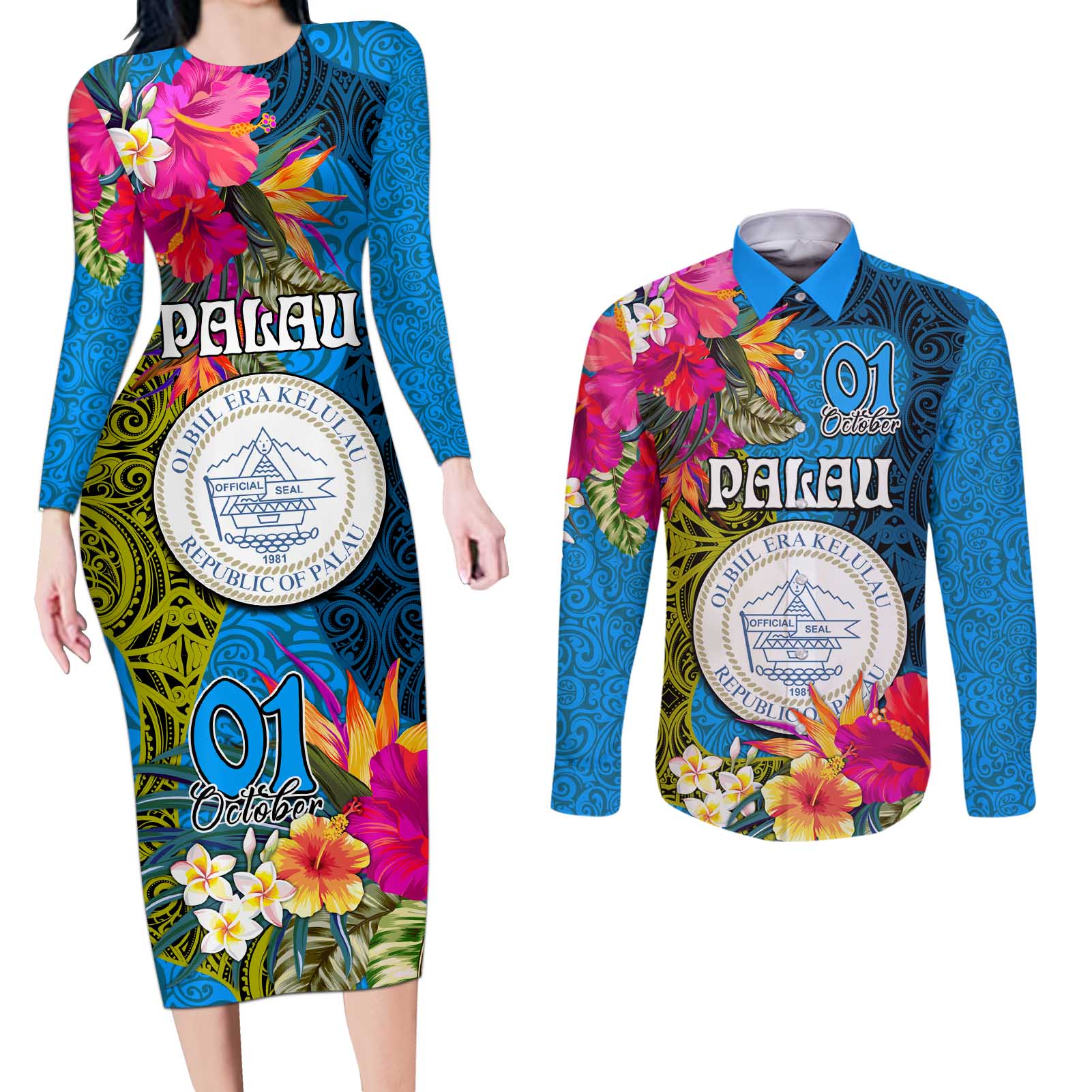 Personalised Palau Independence Day Couples Matching Long Sleeve Bodycon Dress and Long Sleeve Button Shirt 1st October 30th Anniversary Polynesian Jungle Flower