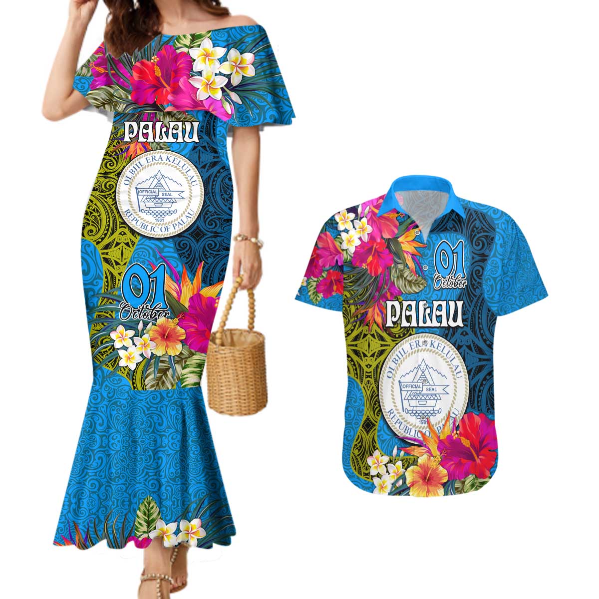 Personalised Palau Independence Day Couples Matching Mermaid Dress and Hawaiian Shirt 1st October 30th Anniversary Polynesian Jungle Flower