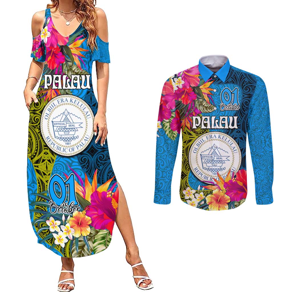 Personalised Palau Independence Day Couples Matching Summer Maxi Dress and Long Sleeve Button Shirt 1st October 30th Anniversary Polynesian Jungle Flower