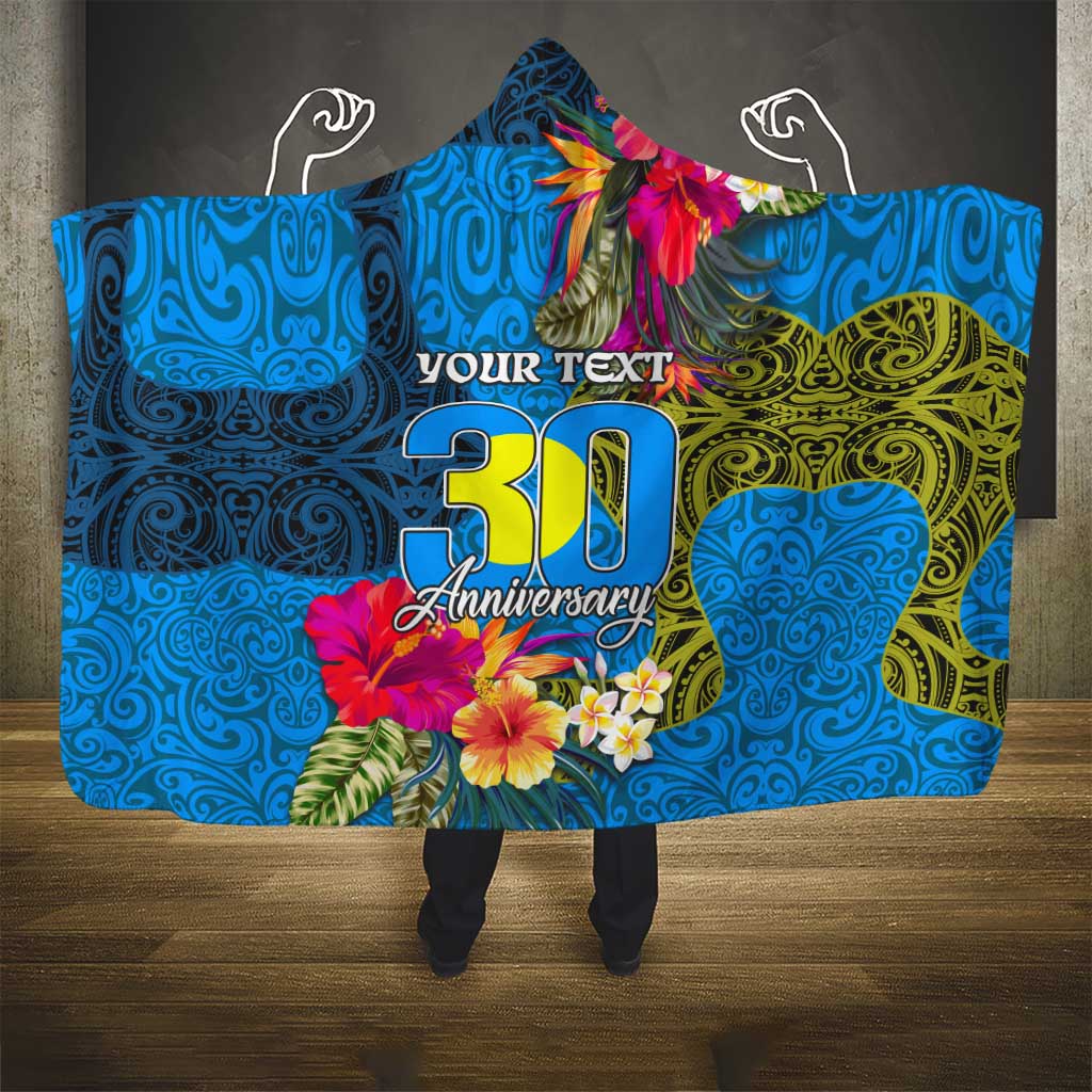 Personalised Palau Independence Day Hooded Blanket 1st October 30th Anniversary Polynesian Jungle Flower