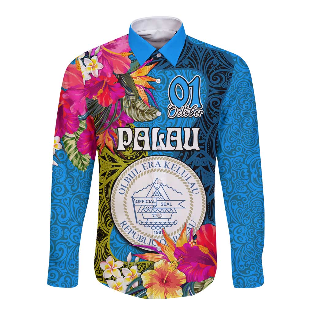 Personalised Palau Independence Day Long Sleeve Button Shirt 1st October 30th Anniversary Polynesian Jungle Flower