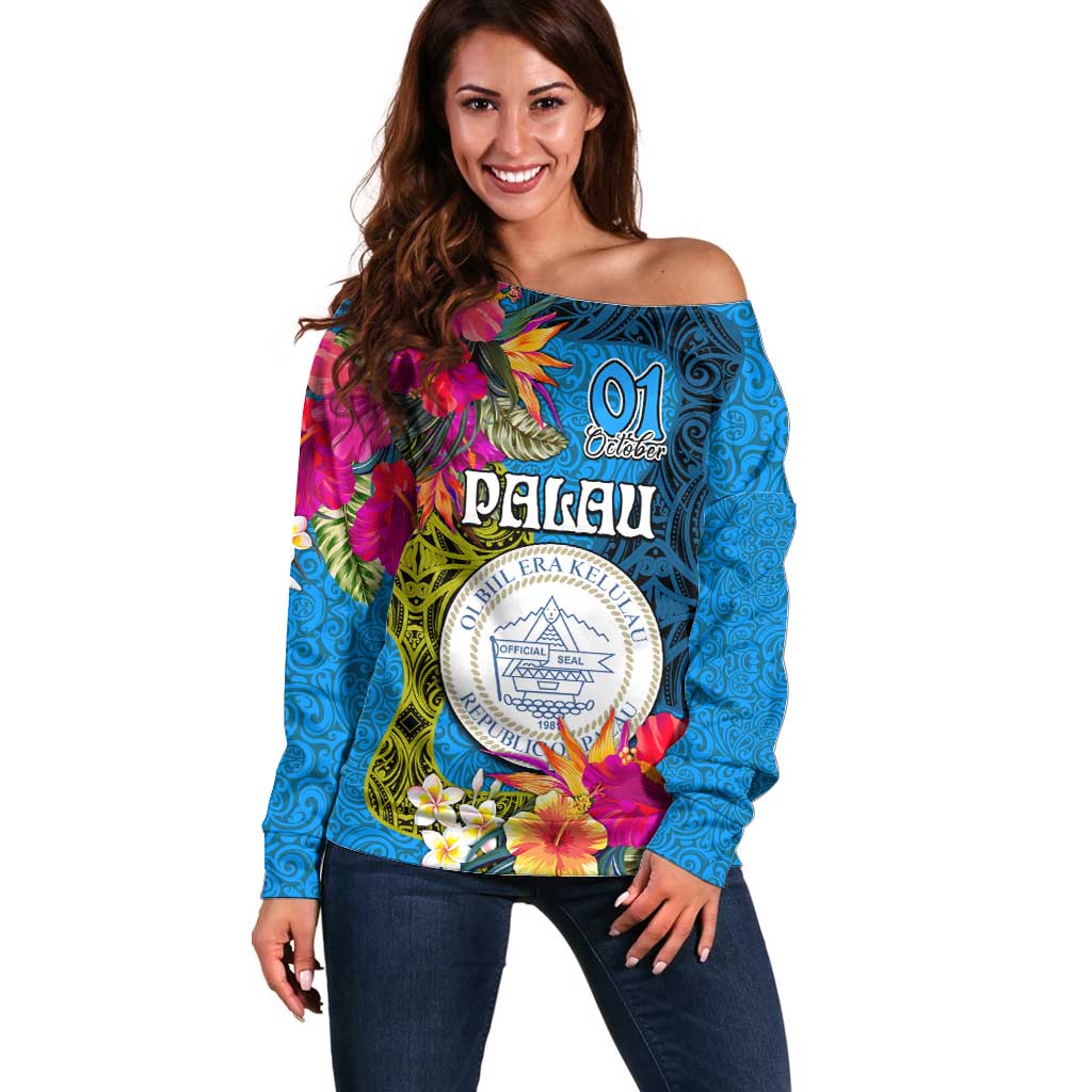 Personalised Palau Independence Day Off Shoulder Sweater 1st October 30th Anniversary Polynesian Jungle Flower