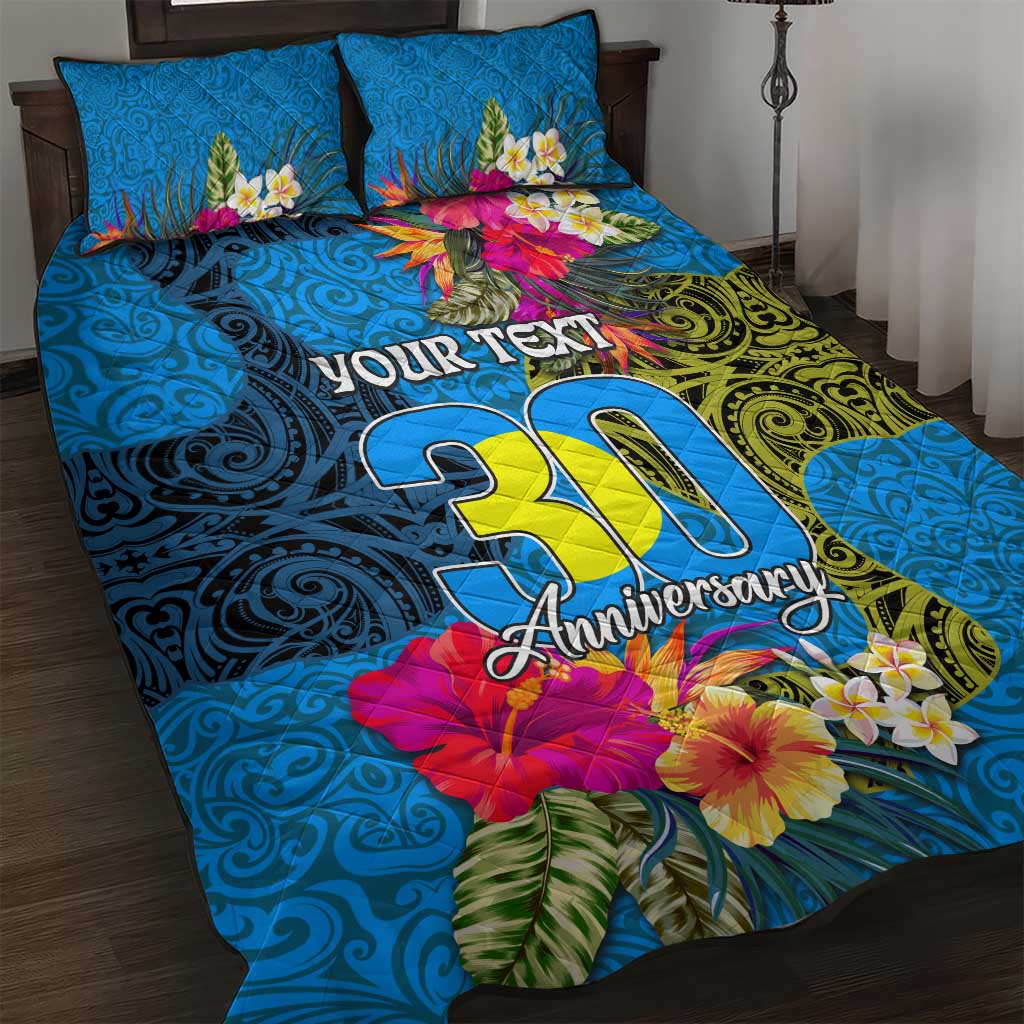 Personalised Palau Independence Day Quilt Bed Set 1st October 30th Anniversary Polynesian Jungle Flower