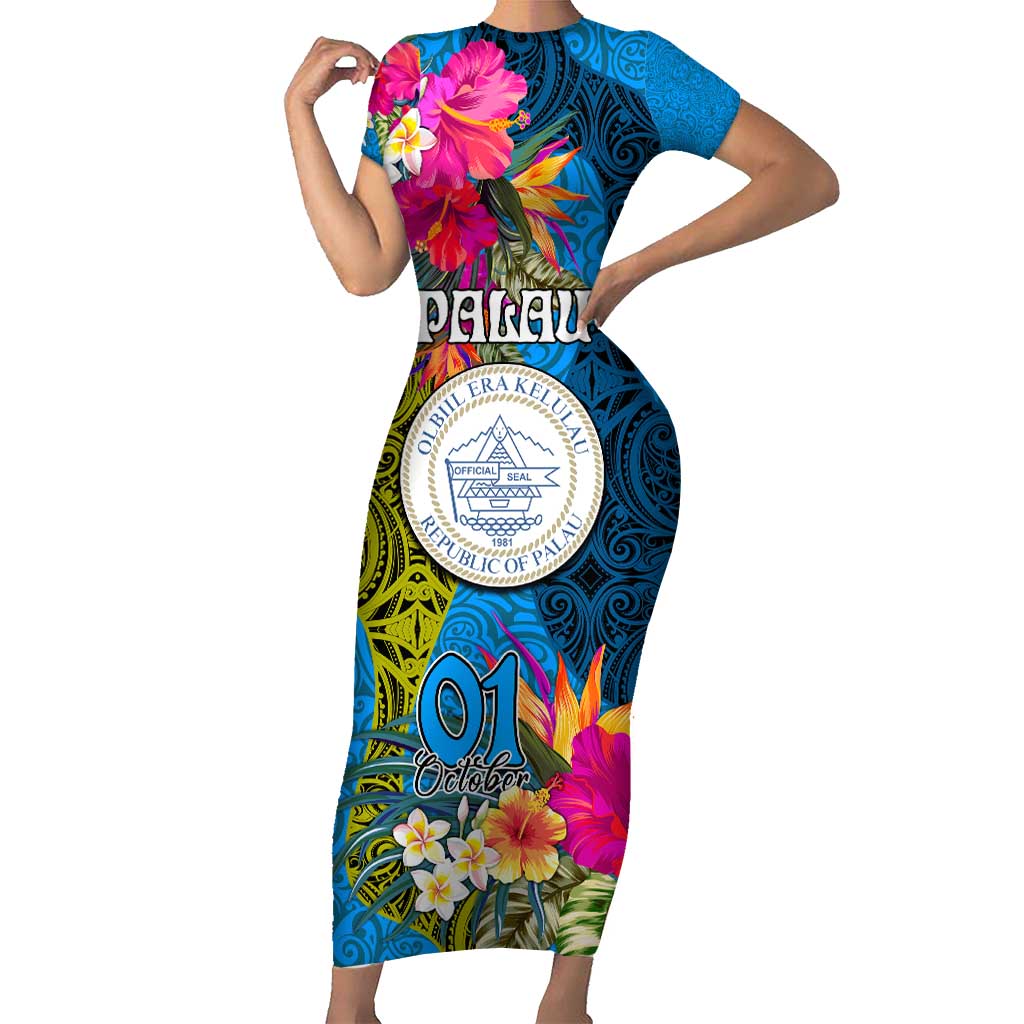 Personalised Palau Independence Day Short Sleeve Bodycon Dress 1st October 30th Anniversary Polynesian Jungle Flower