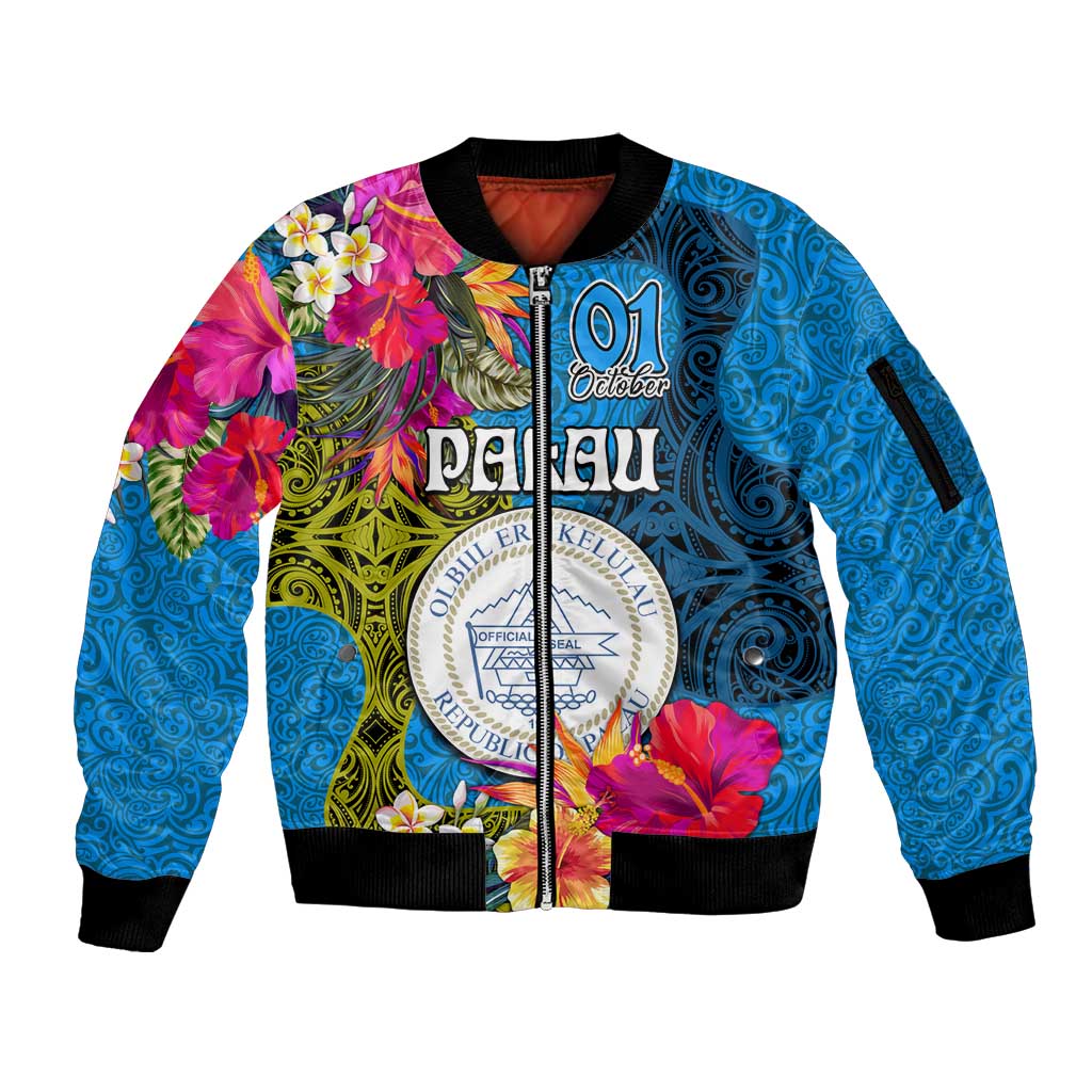 Personalised Palau Independence Day Sleeve Zip Bomber Jacket 1st October 30th Anniversary Polynesian Jungle Flower