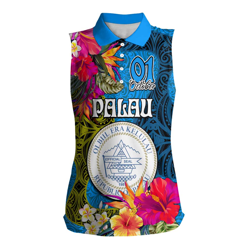 Personalised Palau Independence Day Women Sleeveless Polo Shirt 1st October 30th Anniversary Polynesian Jungle Flower