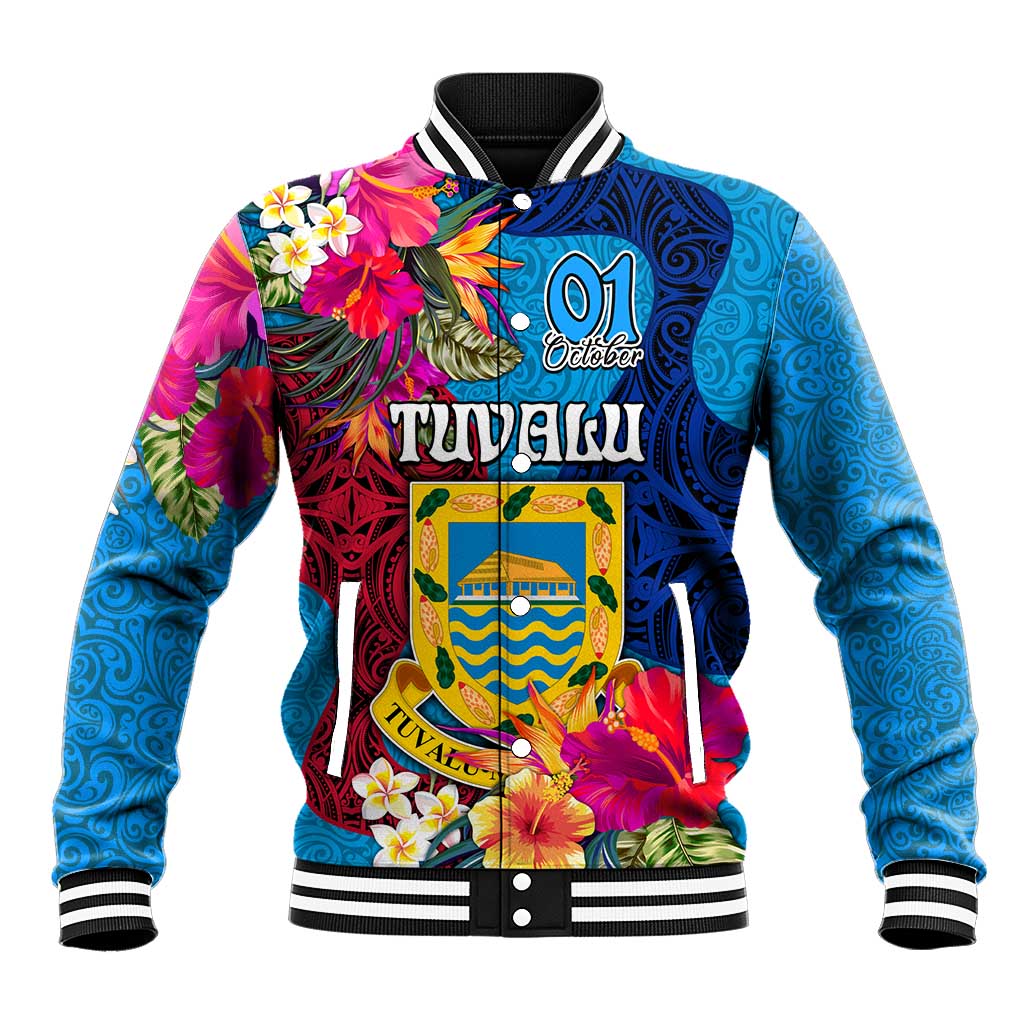 Tuvalu Independence Day Baseball Jacket 1st October 46th Anniversary Polynesian Jungle Flower LT03 Unisex Blue - Polynesian Pride