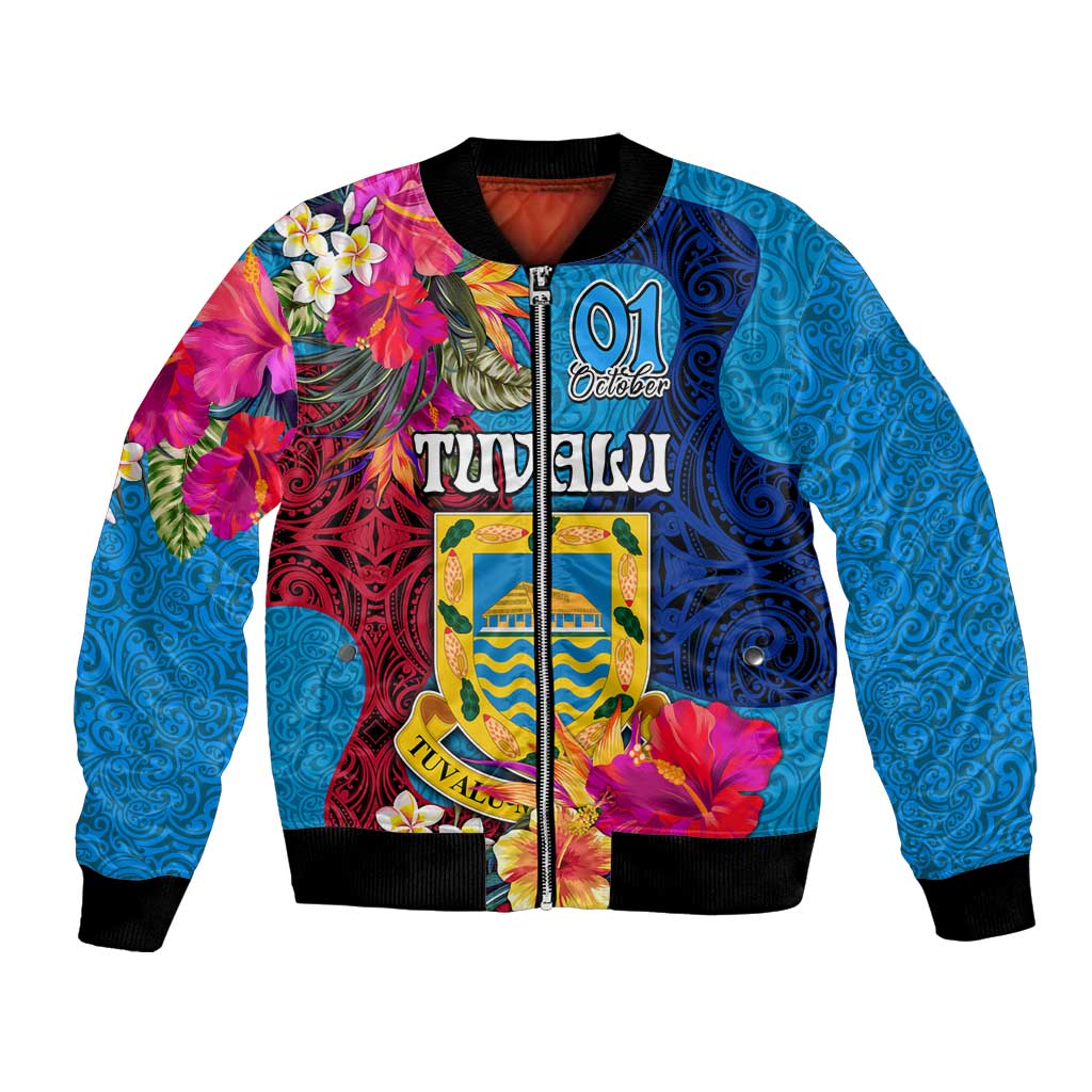 Tuvalu Independence Day Bomber Jacket 1st October 46th Anniversary Polynesian Jungle Flower