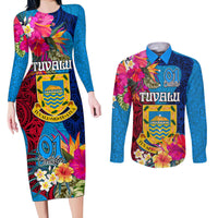 Tuvalu Independence Day Couples Matching Long Sleeve Bodycon Dress and Long Sleeve Button Shirt 1st October 46th Anniversary Polynesian Jungle Flower LT03 Blue - Polynesian Pride