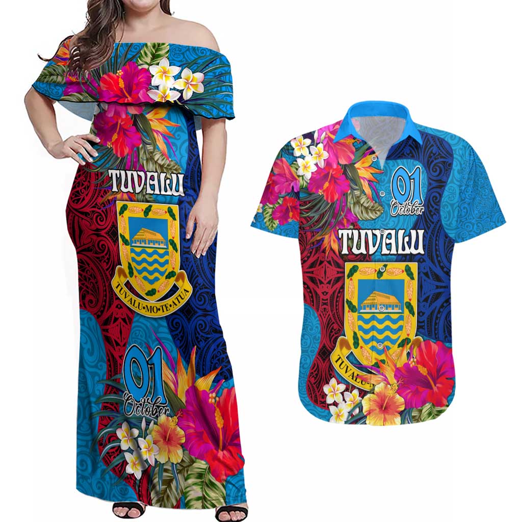 Tuvalu Independence Day Couples Matching Off Shoulder Maxi Dress and Hawaiian Shirt 1st October 46th Anniversary Polynesian Jungle Flower