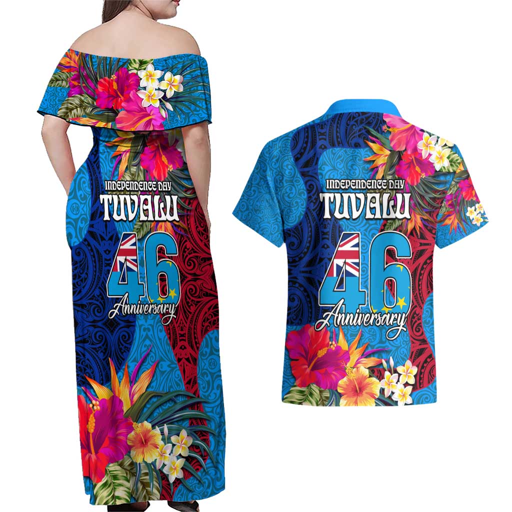 Tuvalu Independence Day Couples Matching Off Shoulder Maxi Dress and Hawaiian Shirt 1st October 46th Anniversary Polynesian Jungle Flower