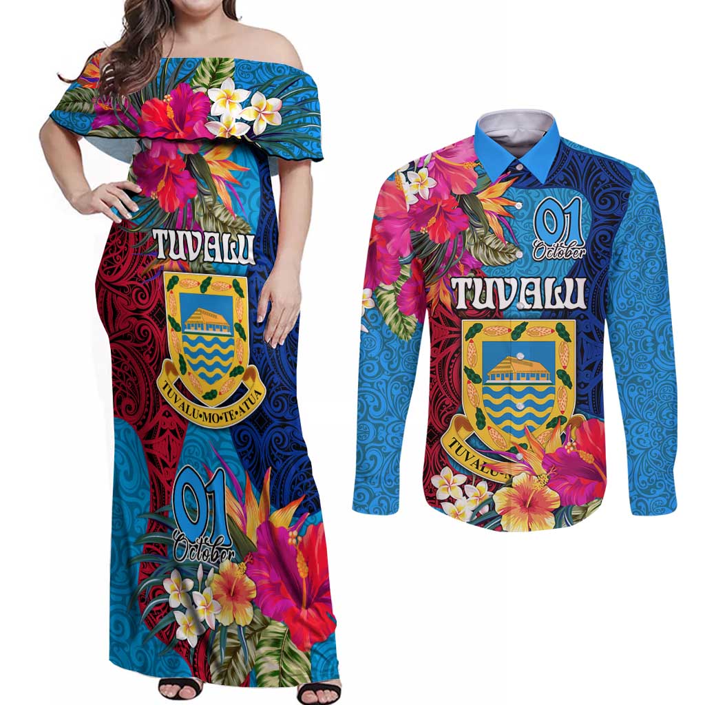 Tuvalu Independence Day Couples Matching Off Shoulder Maxi Dress and Long Sleeve Button Shirt 1st October 46th Anniversary Polynesian Jungle Flower LT03 Blue - Polynesian Pride