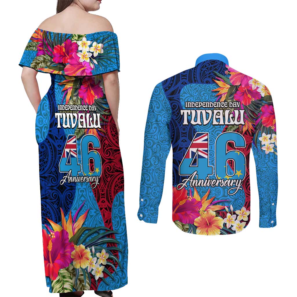 Tuvalu Independence Day Couples Matching Off Shoulder Maxi Dress and Long Sleeve Button Shirt 1st October 46th Anniversary Polynesian Jungle Flower LT03 - Polynesian Pride