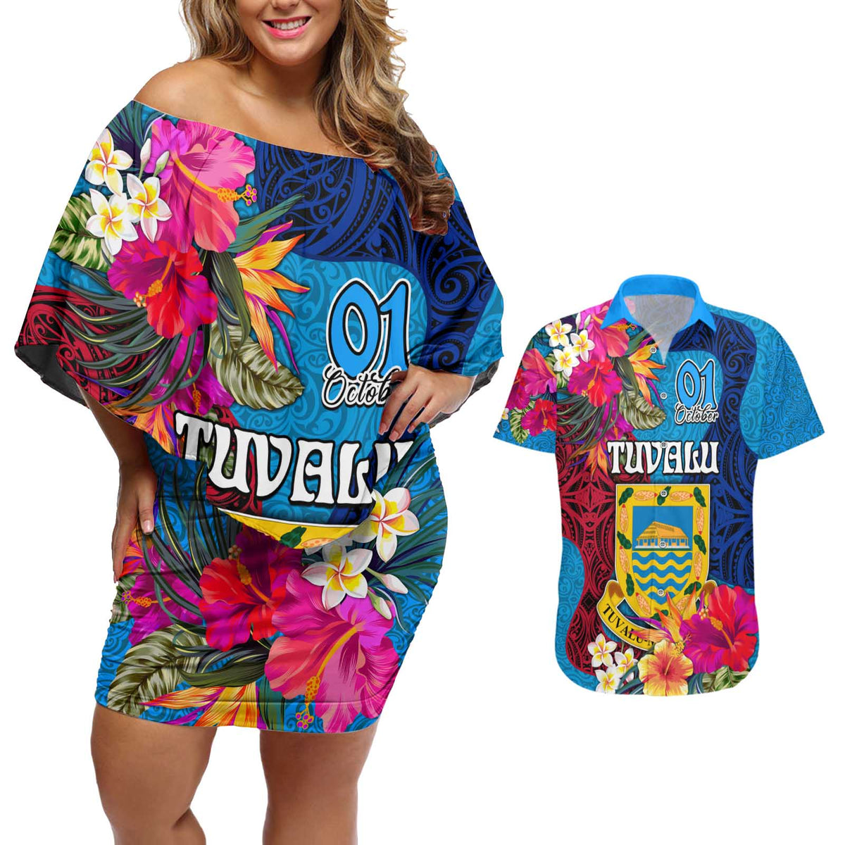 Tuvalu Independence Day Couples Matching Off Shoulder Short Dress and Hawaiian Shirt 1st October 46th Anniversary Polynesian Jungle Flower LT03 Blue - Polynesian Pride