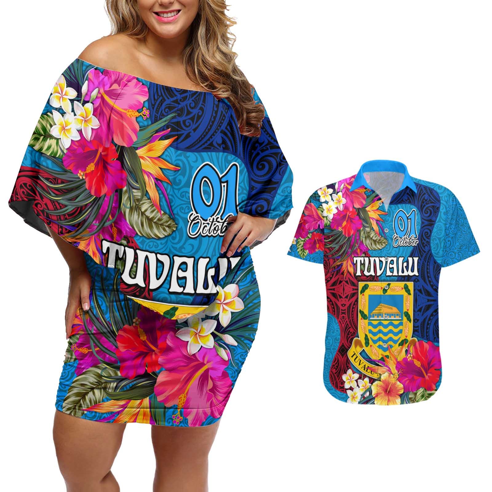 Tuvalu Independence Day Couples Matching Off Shoulder Short Dress and Hawaiian Shirt 1st October 46th Anniversary Polynesian Jungle Flower LT03 Blue - Polynesian Pride